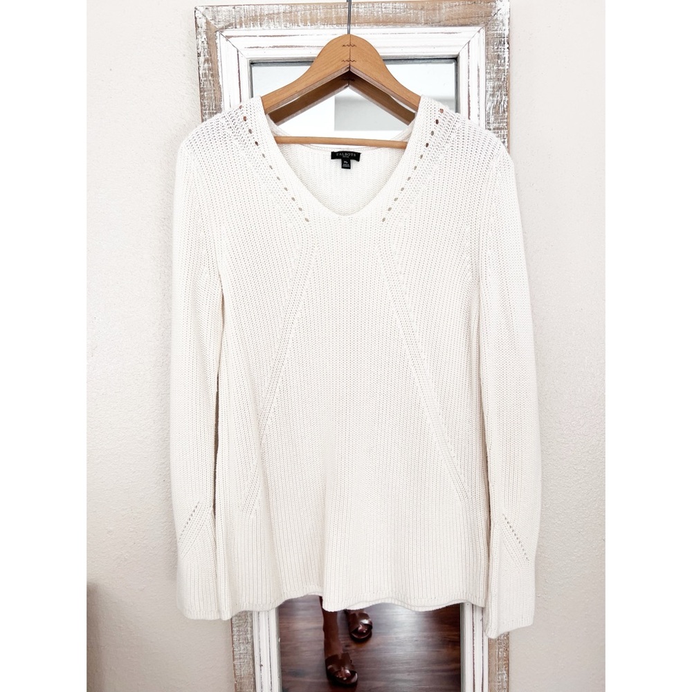 Talbots Cream V-Neck Sweater with Cable Knit